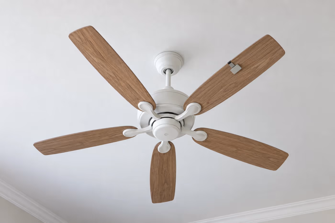 Looking up at a white five blade ceiling fan on a short downrod in a living room ceiling, one blade carrying a small balancing clip near its tip