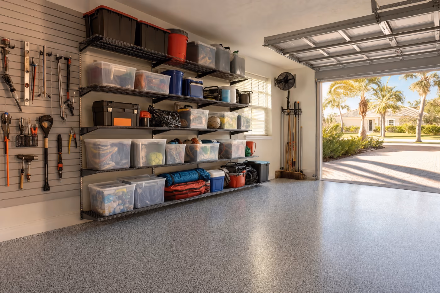 Wide view of a Florida garage organized with wall-mounted steel utility shelving, pegboard tools, plastic totes, and an epoxy floor