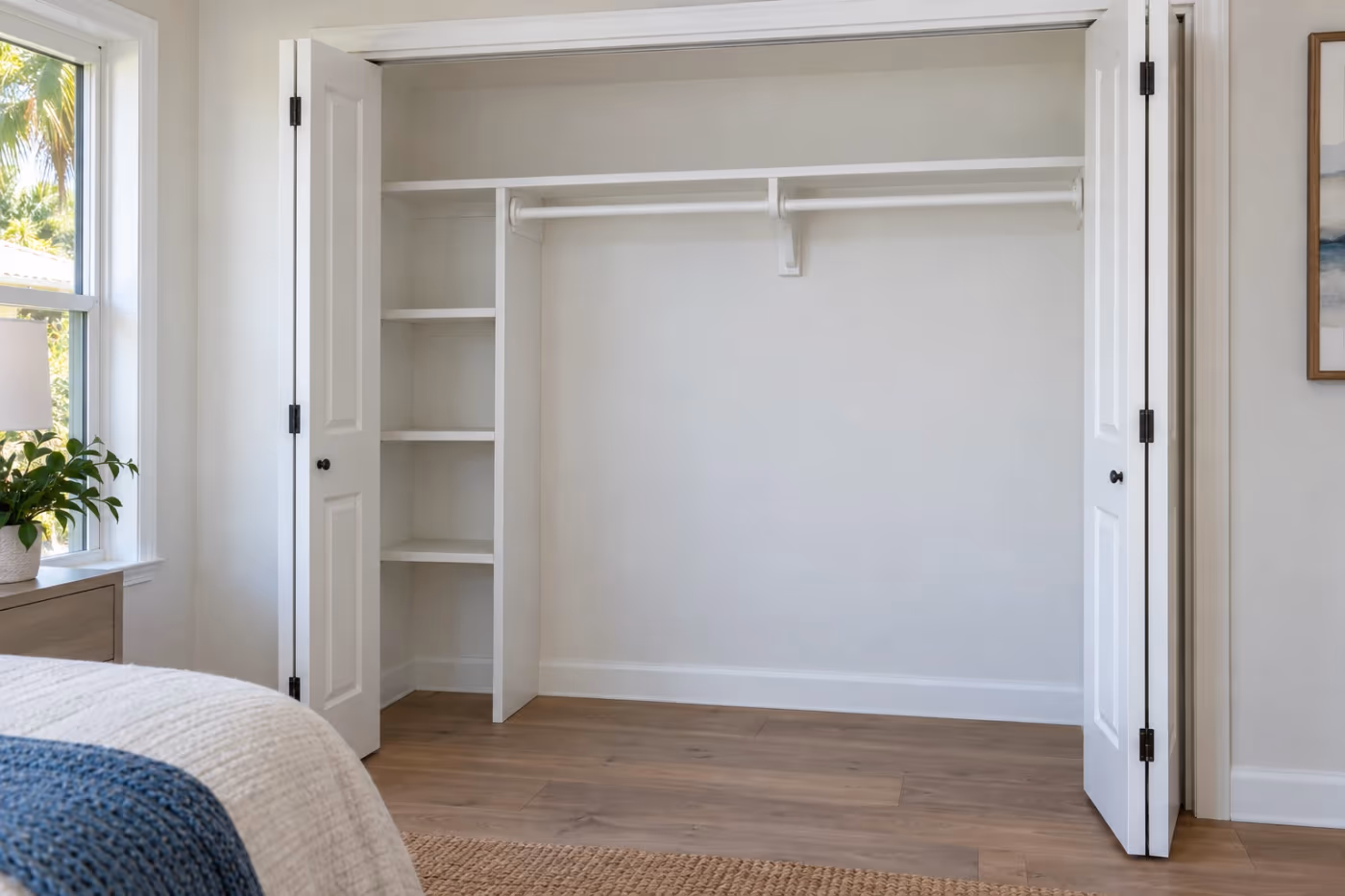 A reach-in bedroom closet with the bifold doors open, showing new painted white wood shelving: a long shelf with a wood closet rod below it and a short column of shelves at one side