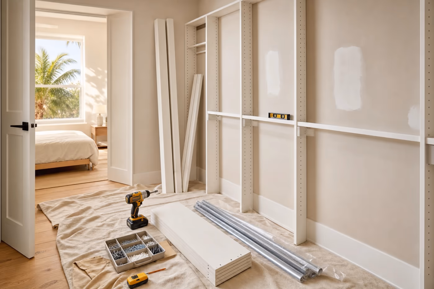 In-progress closet storage installation in a Florida home, with shelving uprights, rods, and hardware staged mid-assembly against a protected wall