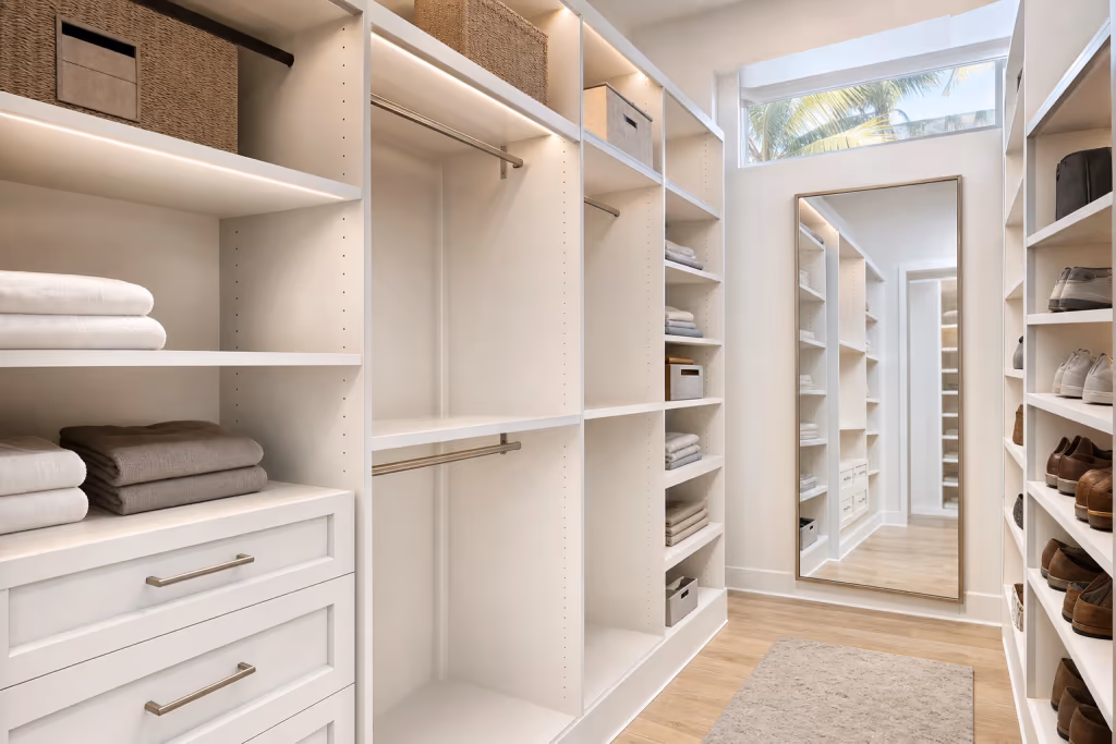 Finished walk-in closet with custom-fitted shelving, rods, and cubbies in a bright Florida home