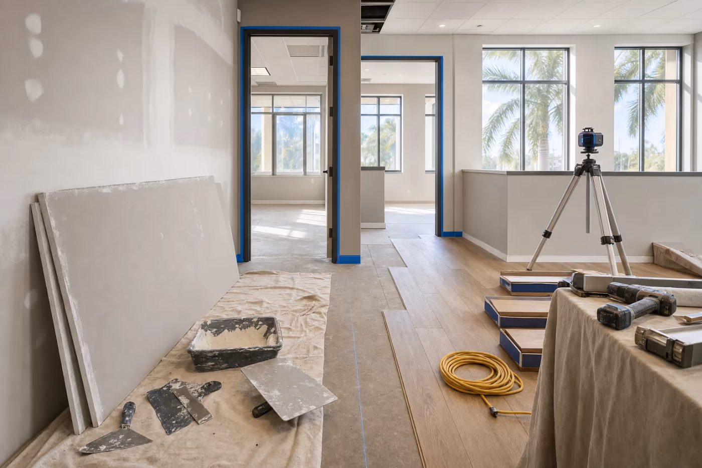 In-progress commercial office remodel in a Florida building with drywall finishing, flooring staged, and professional tools neatly set aside
