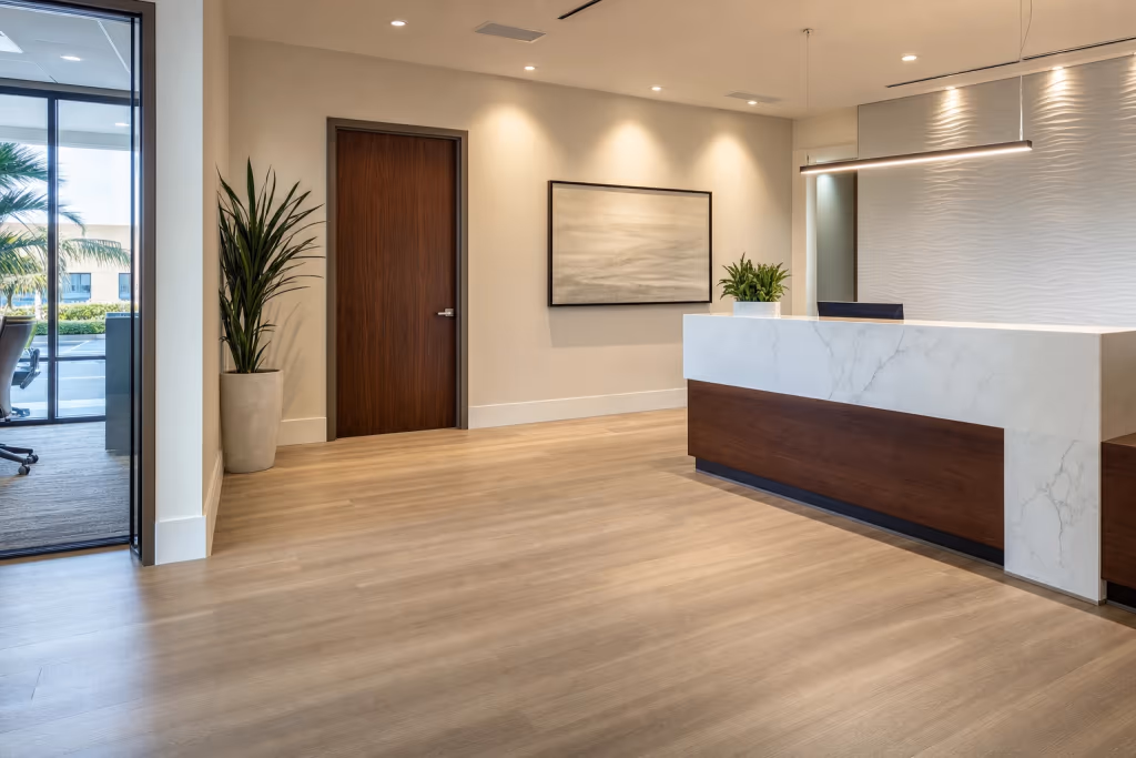 Finished Florida commercial office interior with flawless new flooring, crisp paint, and modern lighting as the focal point of a completed remodel