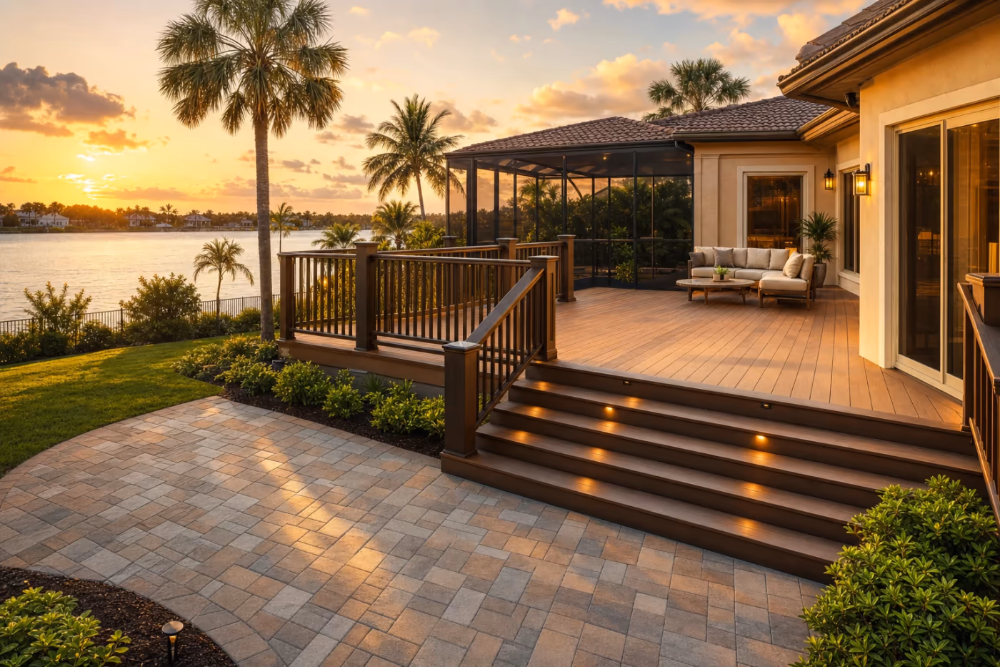 Wide view of a finished Florida backyard deck and patio with sealed wood, solid railings, and reset pavers under golden-hour coastal light