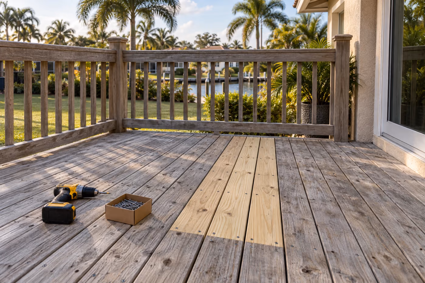 Raised wood deck behind a Florida home where three weathered gray boards have been replaced with new tan pressure-treated boards screwed down in straight lines, a drill and a box of screws beside them
