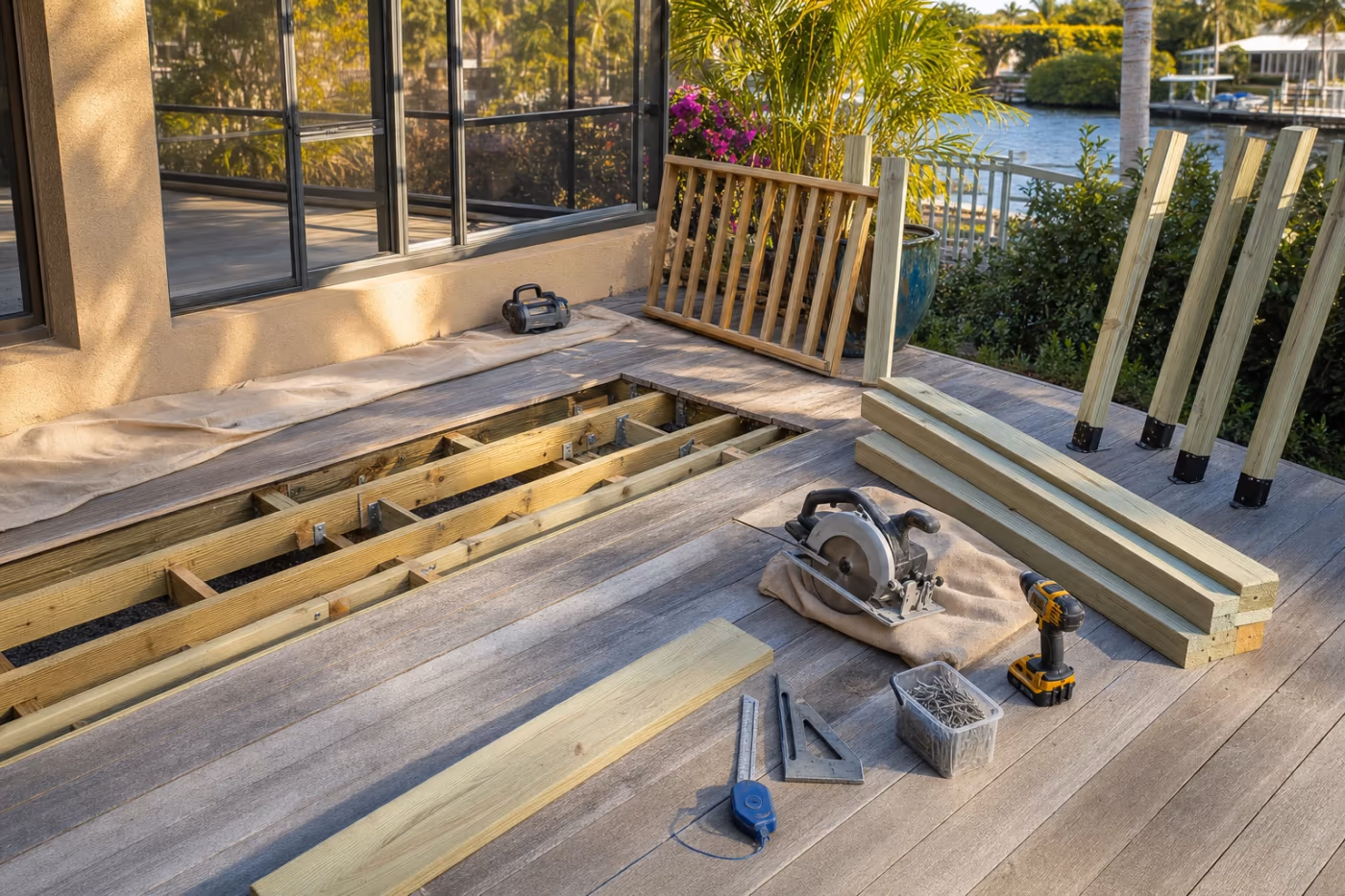 In-progress deck repair on a Florida home with soft boards removed, matching lumber staged, and professional tools set beside open joists under bright coastal daylight