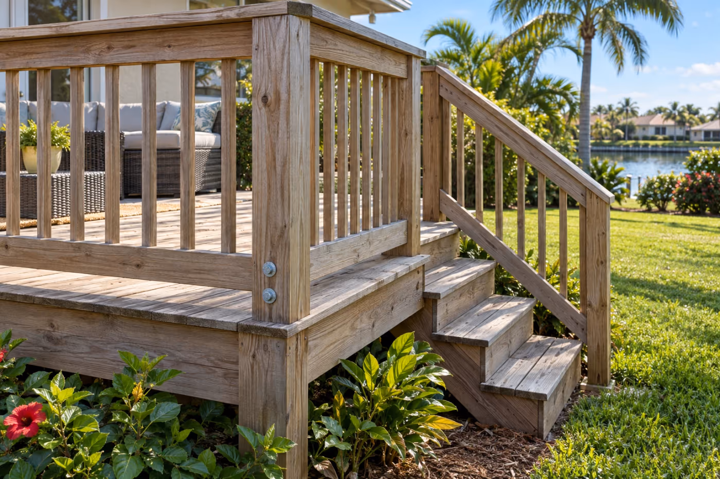 Corner of a low wood deck on a Florida home with the corner post bolted through into the deck framing, straight rails and evenly spaced balusters, and short wood stairs with a handrail down to the lawn