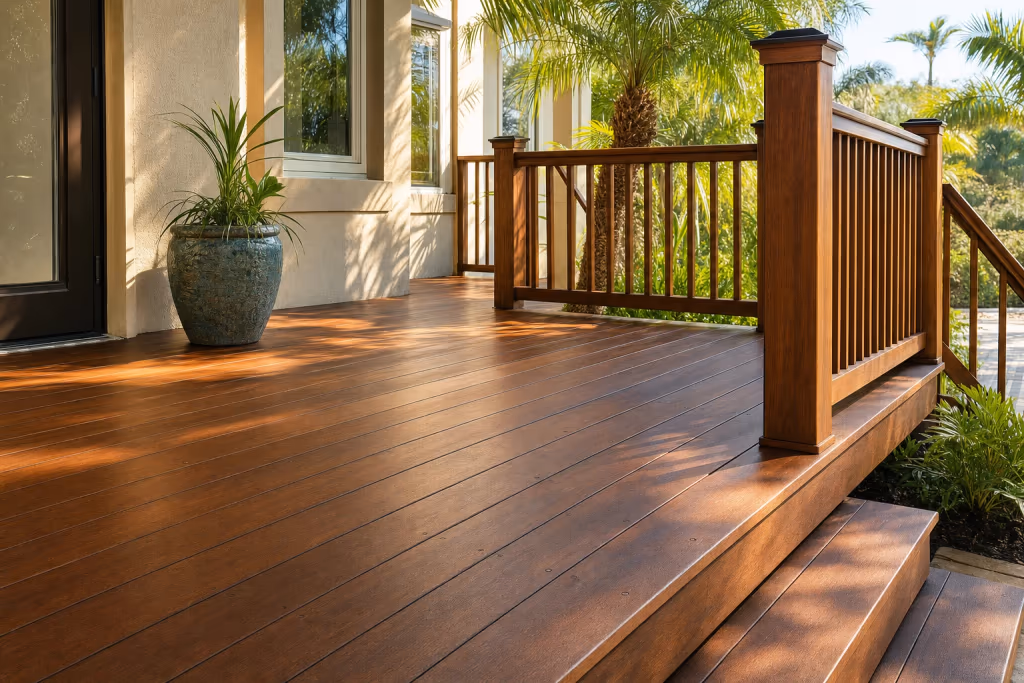 Close view of a freshly repaired and sealed Florida deck with new boards, solid railing, and a rich protective finish in soft afternoon light