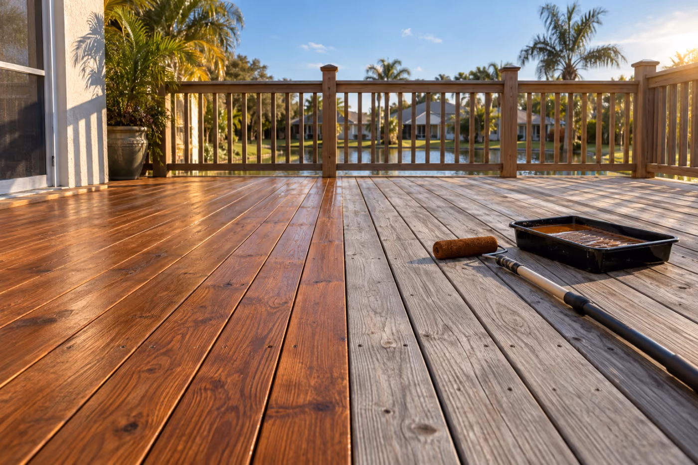 Wood deck on a clear dry Florida day with the boards on the left freshly stained a warm cedar tone and the boards on the right still weathered gray, a roller tray and extension roller on the gray side