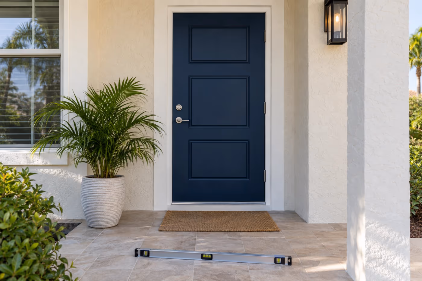 A navy blue front entry door set square in a white frame in a stucco wall, with a lever handle and deadbolt, a potted palm, a doormat, and a level lying on the porch tile
