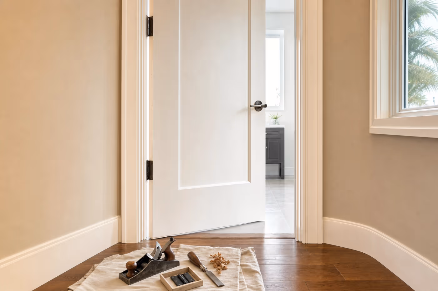 Interior door repair in progress in a Florida home, with a hinged door standing open and a hand plane, chisel, and hinge staged on a small drop cloth