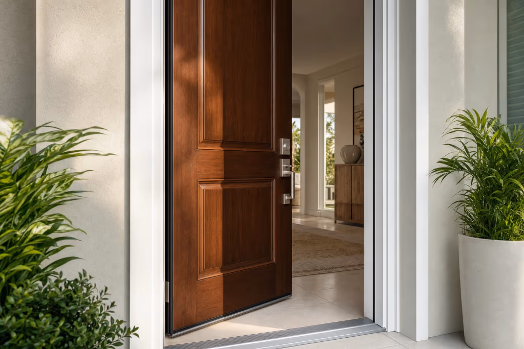 Close view of a newly installed hurricane-rated front entry door on a Florida home, showing clean finish, hardware, and a sealed threshold