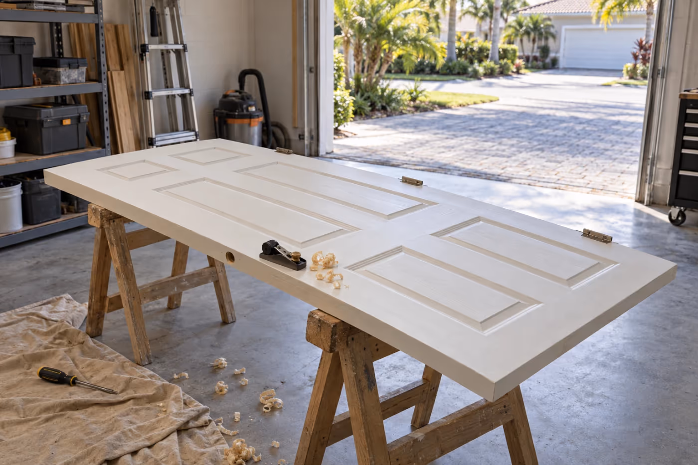 A white six panel interior door off its hinges and lying across two sawhorses in a garage, a block plane and fresh wood shavings near the latch edge