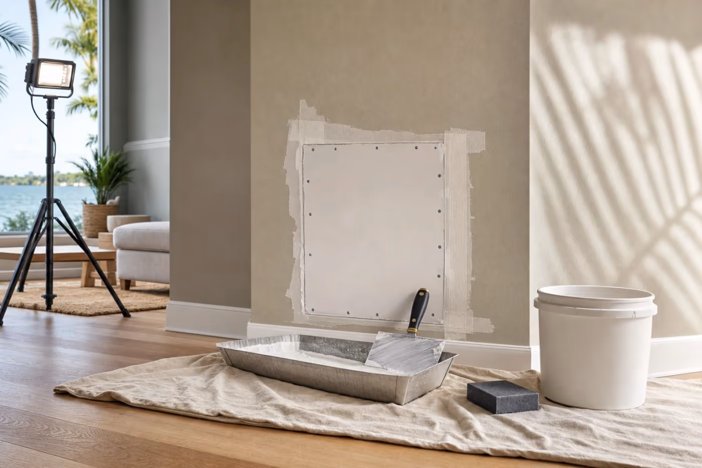 In-progress drywall repair in a Florida home, with a cut-out wall patch, joint compound, and tools staged mid-job on protected flooring