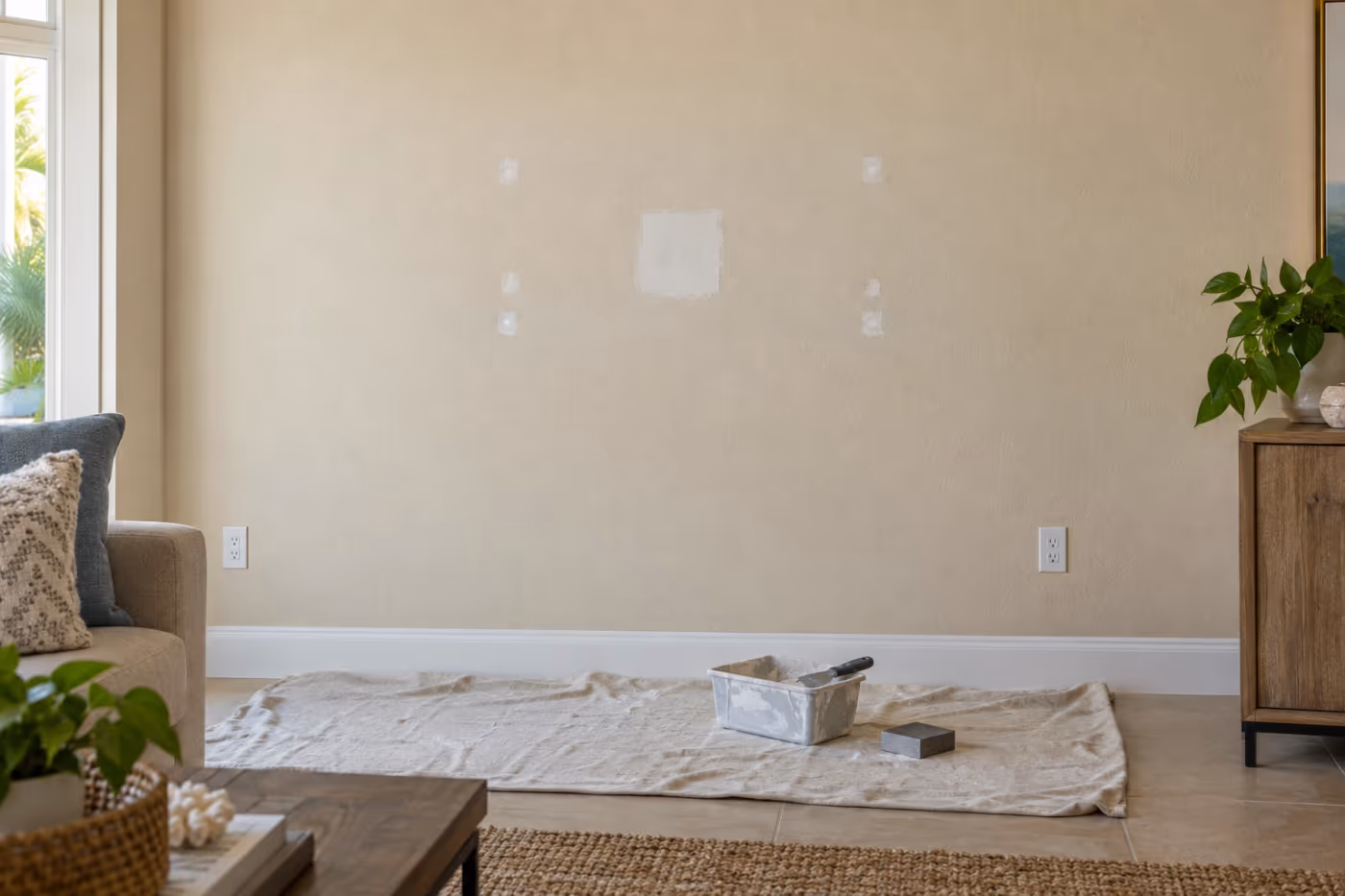 A beige living room wall with light knockdown texture where a TV mount was taken down, the anchor holes and one square patch filled with pale joint compound and sanded flat, a mud pan, putty knife, and sanding sponge on a drop cloth below