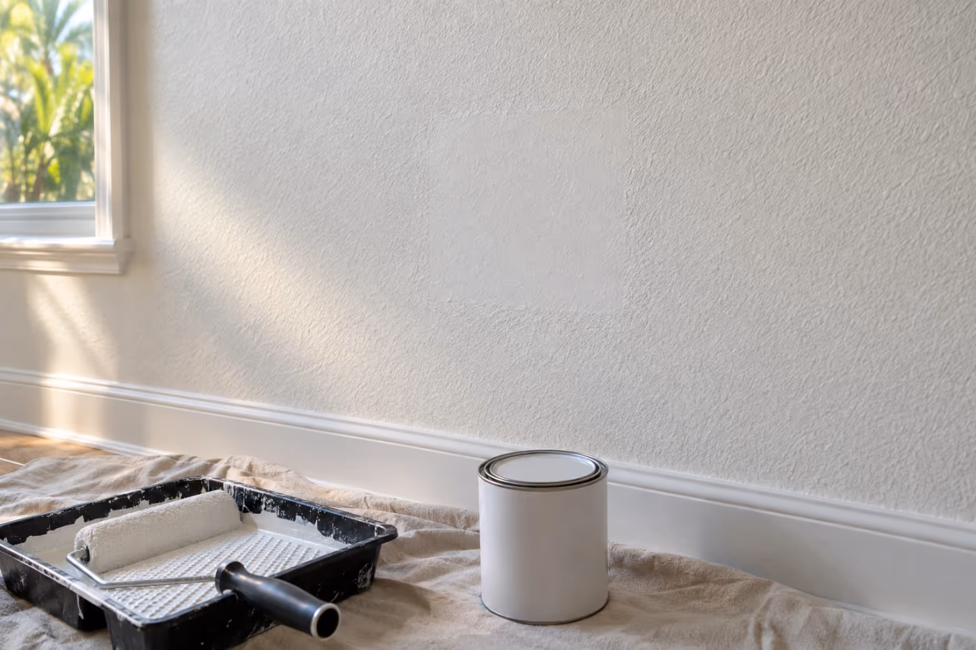 A soft white orange peel textured wall in raking window light, with a paint roller in a tray and a closed primer can on a drop cloth at the baseboard
