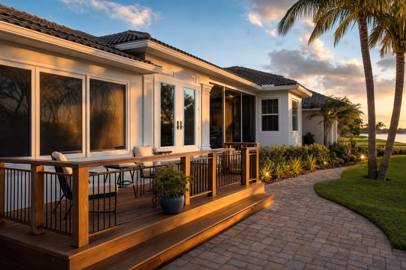 Wide cinematic view of a finished Florida home exterior showcasing restored deck, trim, and storm-ready details in golden coastal light