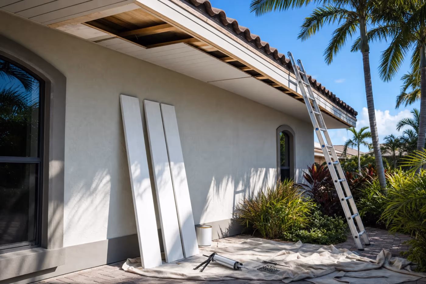 In-progress exterior soffit and fascia repair on a Florida home, with new trim boards, sealant, and tools staged along the roofline