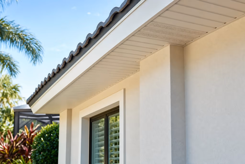 Close editorial view of a finished Florida home exterior after soffit, fascia, and trim repairs, with crisp sealed roofline and fresh paint against stucco
