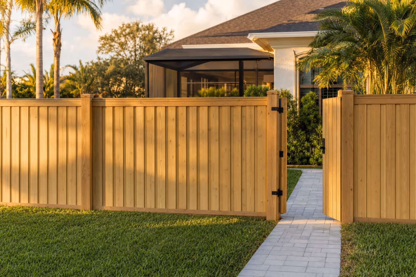 Wide view of a Florida backyard wood privacy fence with a properly hung gate and a paver walkway leading through it