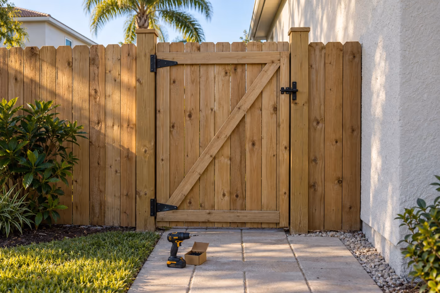 A wood privacy gate hanging square in a Florida side yard fence, with a diagonal brace on its frame, black strap hinges on a sturdy post, and a gravity latch caught on the latch post, a drill resting on the paver walk