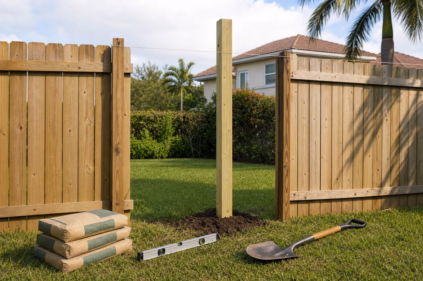 Mid-repair wood privacy fence on a Florida property with one panel section open, a new post set plumb, string line, level, shovel, and concrete bags staged on the grass