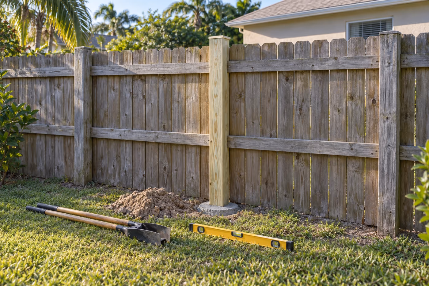 The back side of a wood privacy fence in a Florida backyard with one new, lighter wood post standing plumb in a fresh collar of concrete between two weathered gray posts, a level and a post hole digger on the grass beside it
