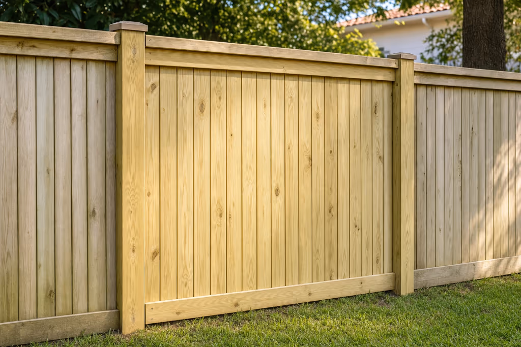 Close-up of a freshly repaired wood privacy fence section on a Florida home, new post and pickets blending into the uniform run