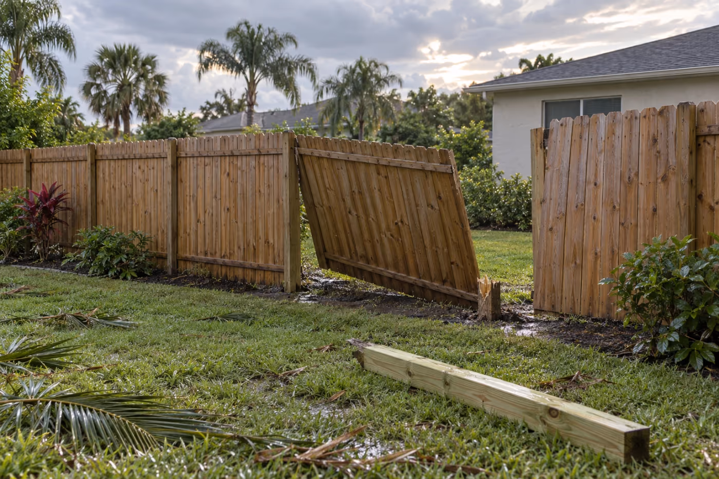 A single section of wood privacy fence leaning over after a summer storm in a Florida backyard, a snapped post stub at its low end, the fence on either side still up, palm fronds on the wet lawn and a new post lying on the grass