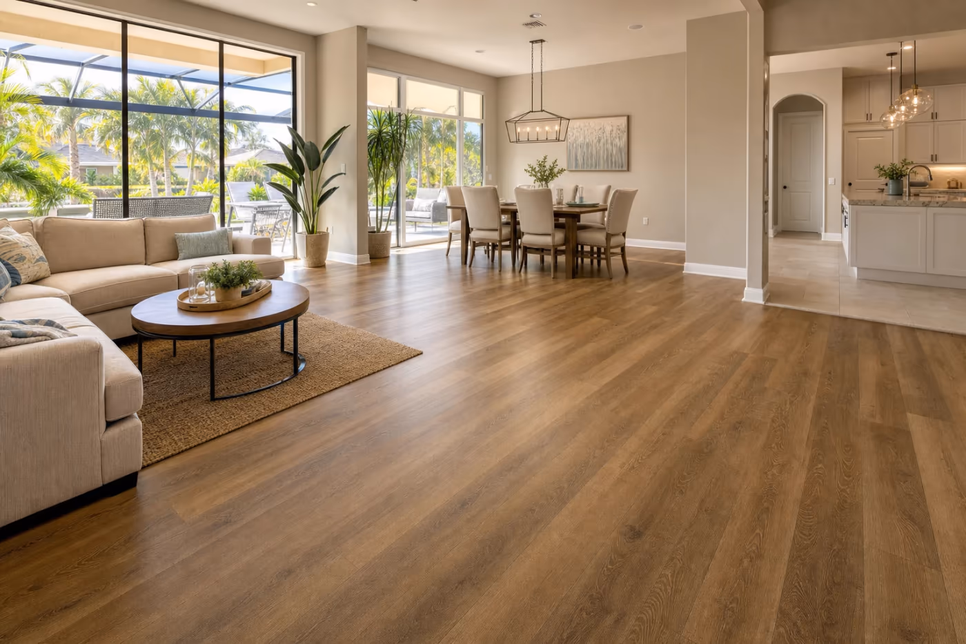 Wide view of an open-plan Florida home with newly installed continuous LVP flooring across living and dining areas