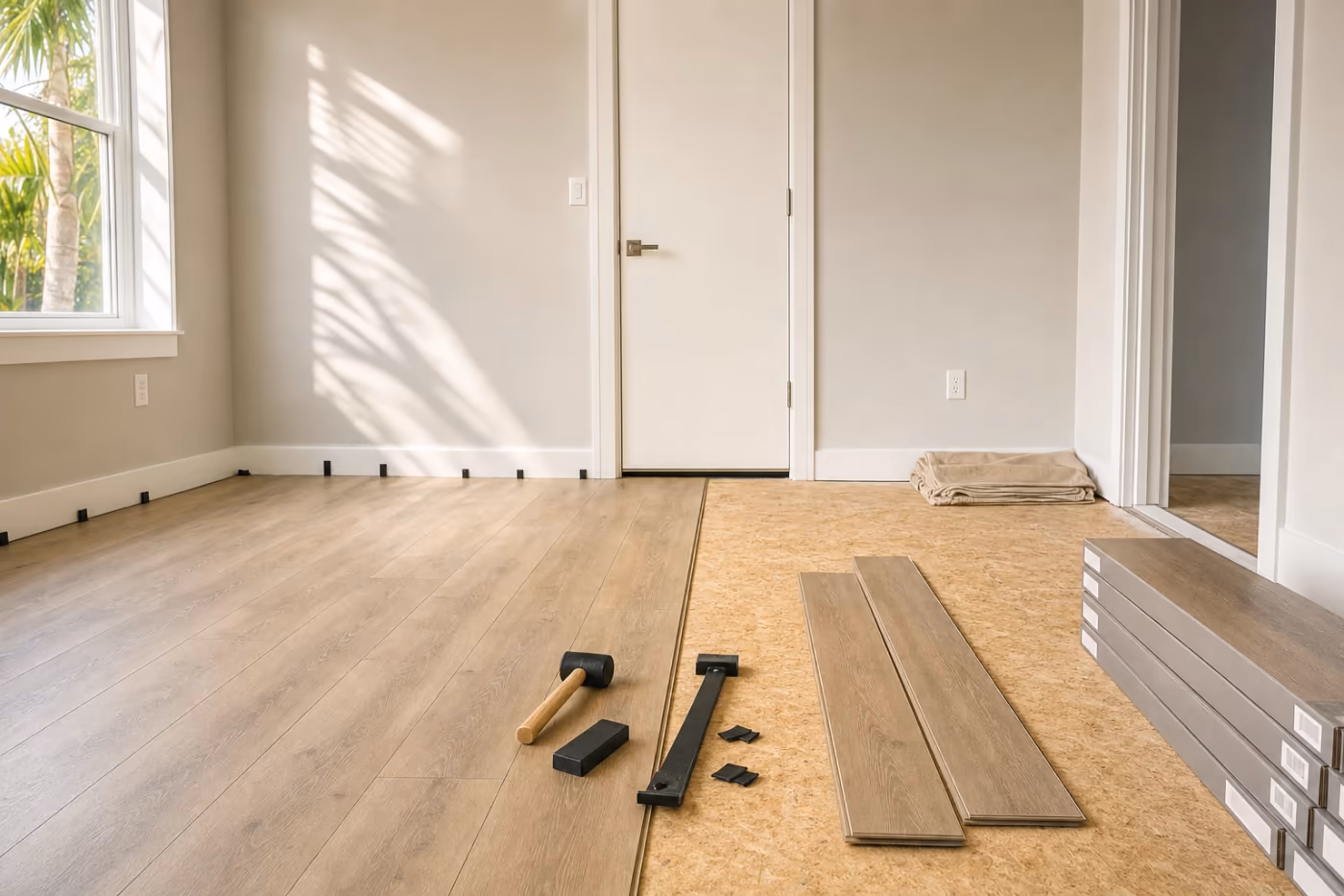 Luxury vinyl plank flooring installation in progress in a Florida home, with sealed boxes stacked flat, loose planks beside the last installed row, and professional tools resting on the new floor