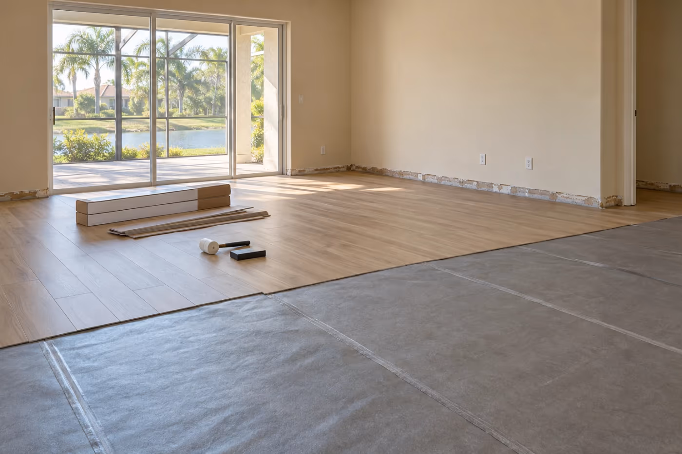 A Florida living room mid installation, with new light oak-look vinyl planks covering the back half of the floor, gray underlayment over the slab in front, plank boxes stacked on the finished floor, and a rubber mallet and tapping block beside them