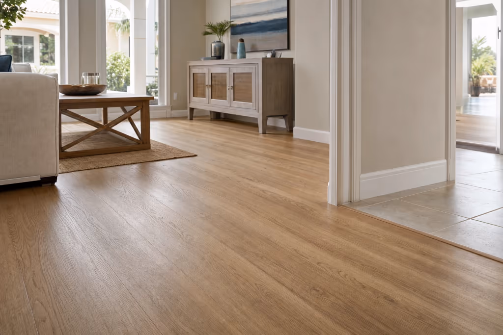 Close view of newly installed LVP flooring in a bright Florida living room, showing tight seams and clean transitions