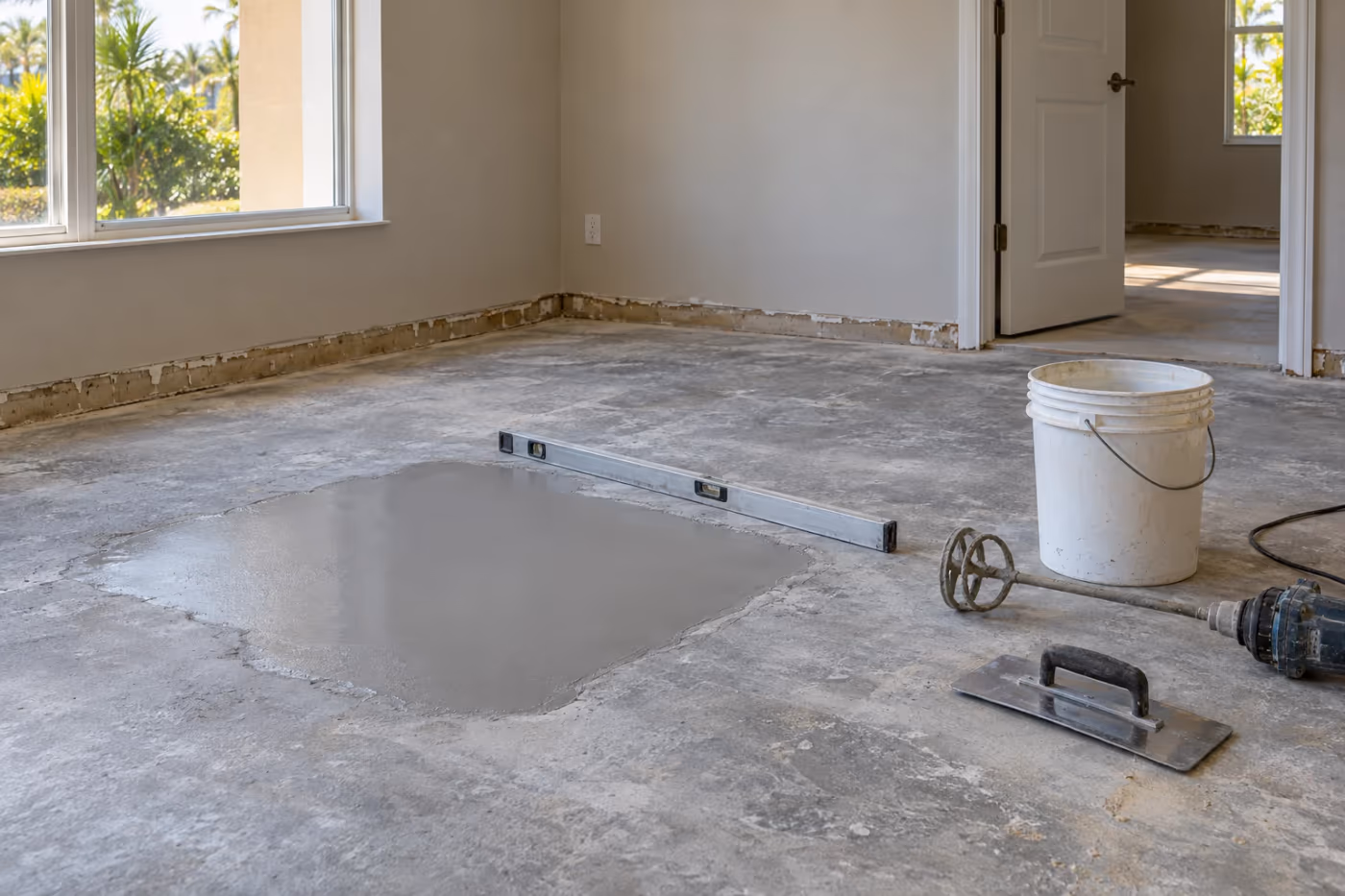 A bare concrete slab in an empty Florida room with a fresh patch of gray self-leveling compound filling a low spot, a long level lying across the slab, and a mixing bucket, paddle mixer, and trowel beside it
