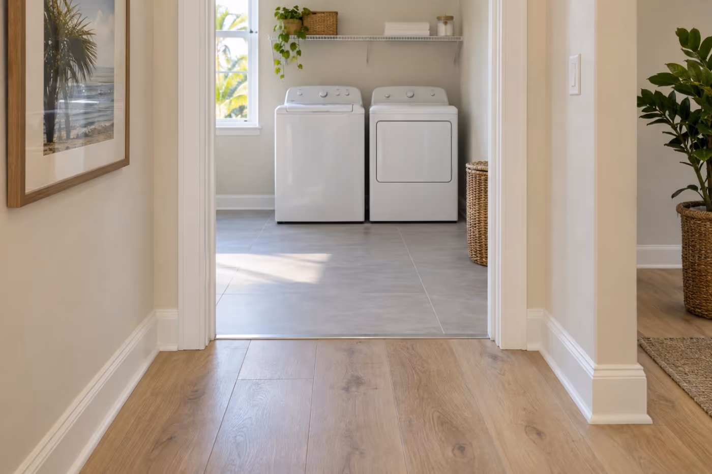 A hallway with light oak-look vinyl plank flooring meeting light gray tile at a laundry room doorway, joined by a slim metal transition strip, with fresh white baseboard along both walls
