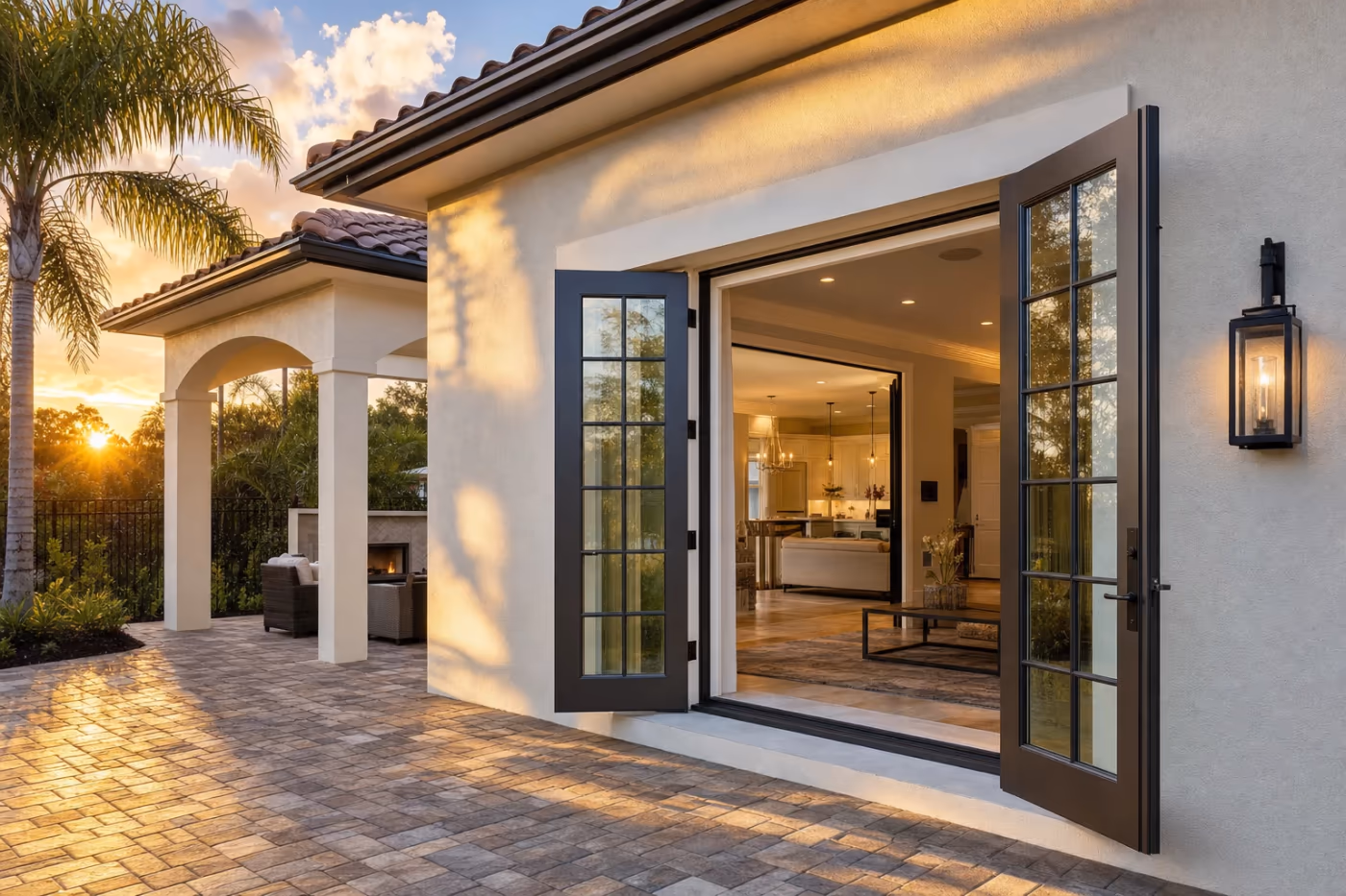 Wide exterior view of a Florida home patio with finished hinged French doors after a full slider conversion