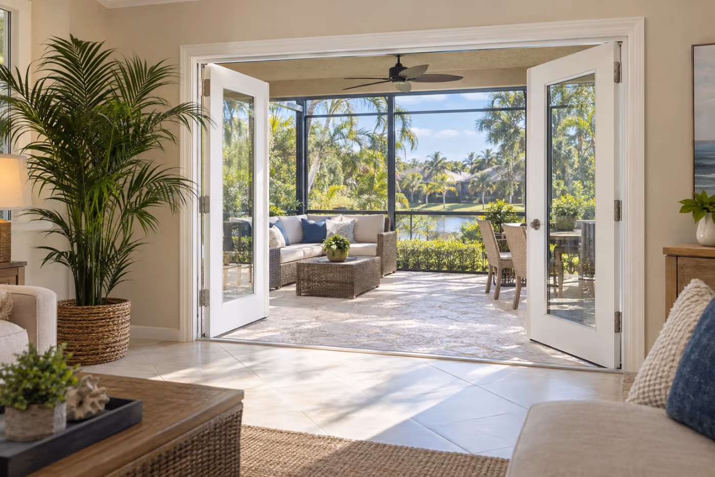 Pair of new white full-glass French doors standing open to a screened lanai in a bright Florida family room, with new white casing around the opening
