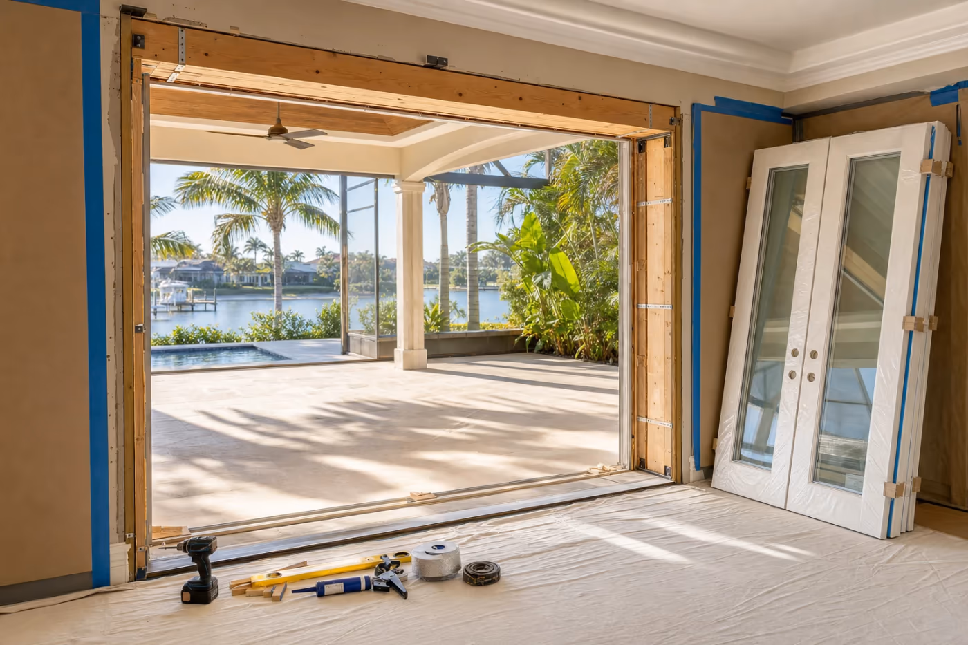 In-progress sliding glass door to French door conversion on a Florida home, with the old slider removed, framing exposed, and new hinged doors staged for install