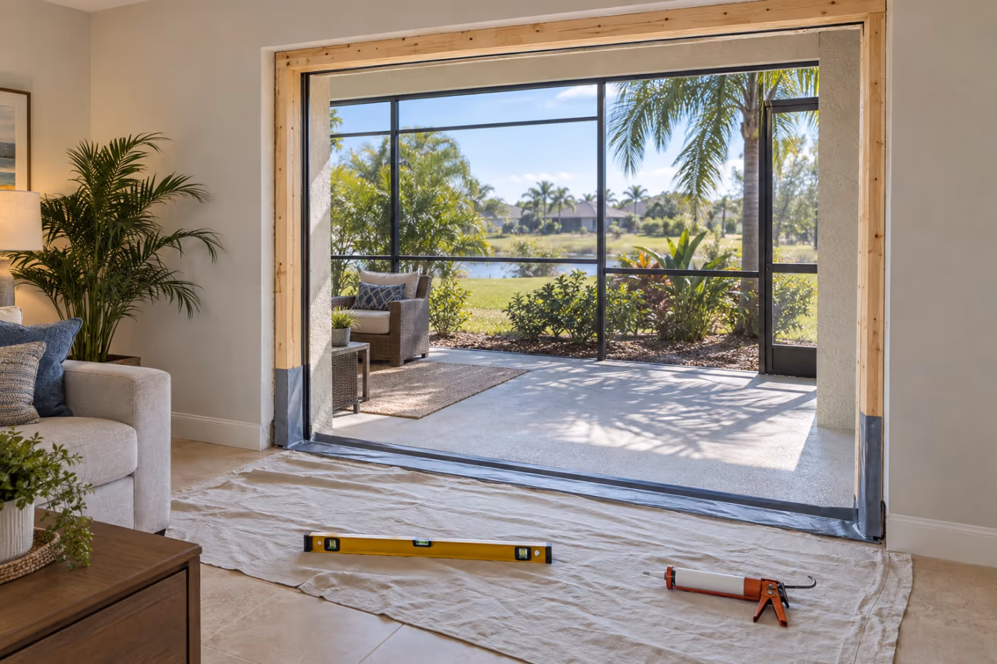 Patio door opening in a Florida block wall with the old slider removed, new wood framing and gray flashing membrane lining the sill, a level and caulk gun on a drop cloth