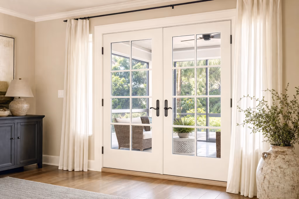 Close view of newly installed white French doors replacing a patio slider in a bright Florida living room, with crisp trim and paint