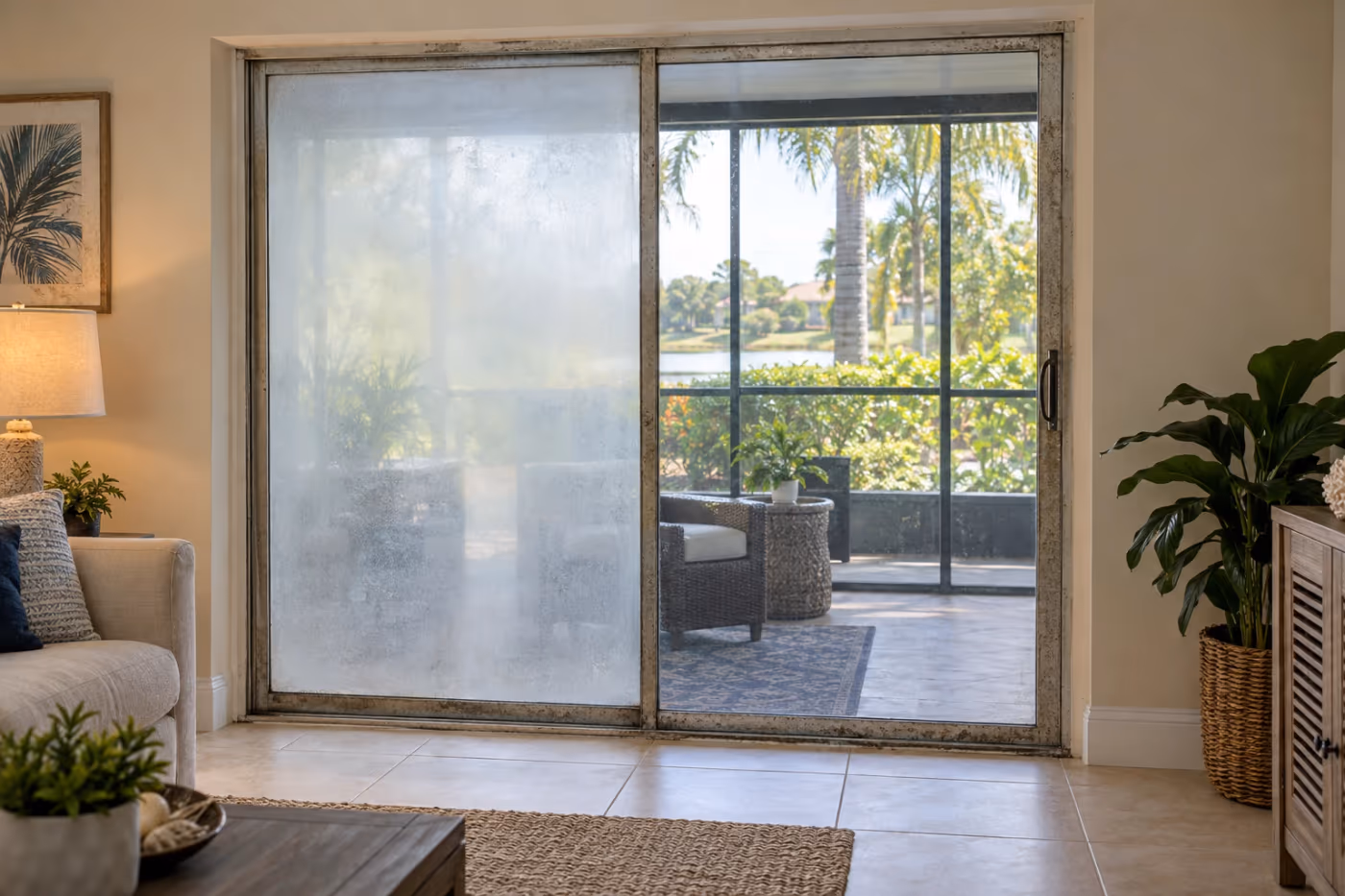 Old aluminum sliding glass patio door in a Florida living room with a pitted frame, a worn dirty track, and one fogged glass panel, a screened lanai beyond