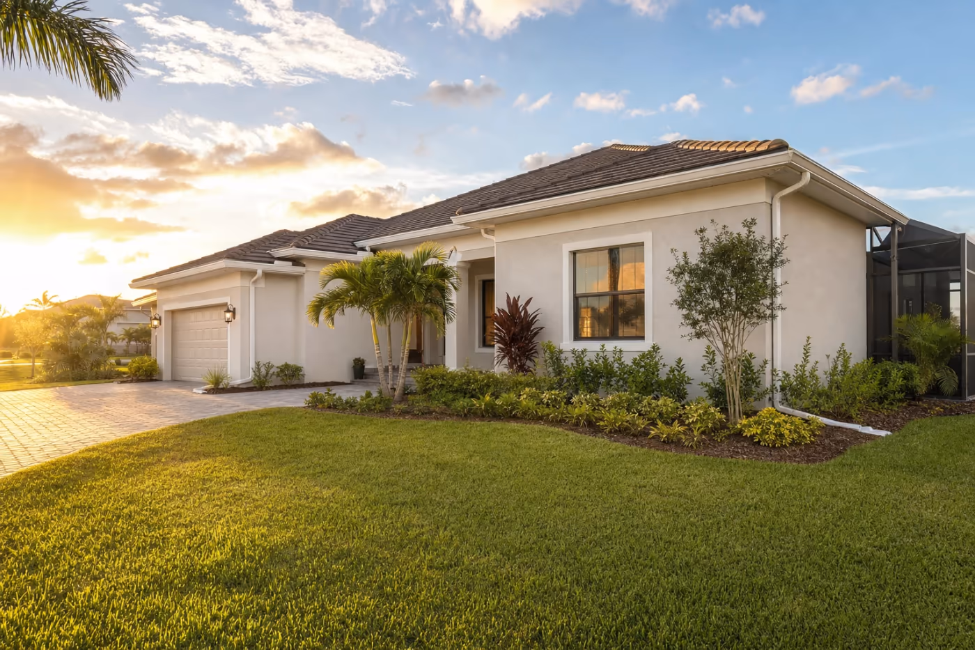 Wide view of a Florida home exterior with fully repaired gutters and extended downspouts directing water cleanly away from the foundation
