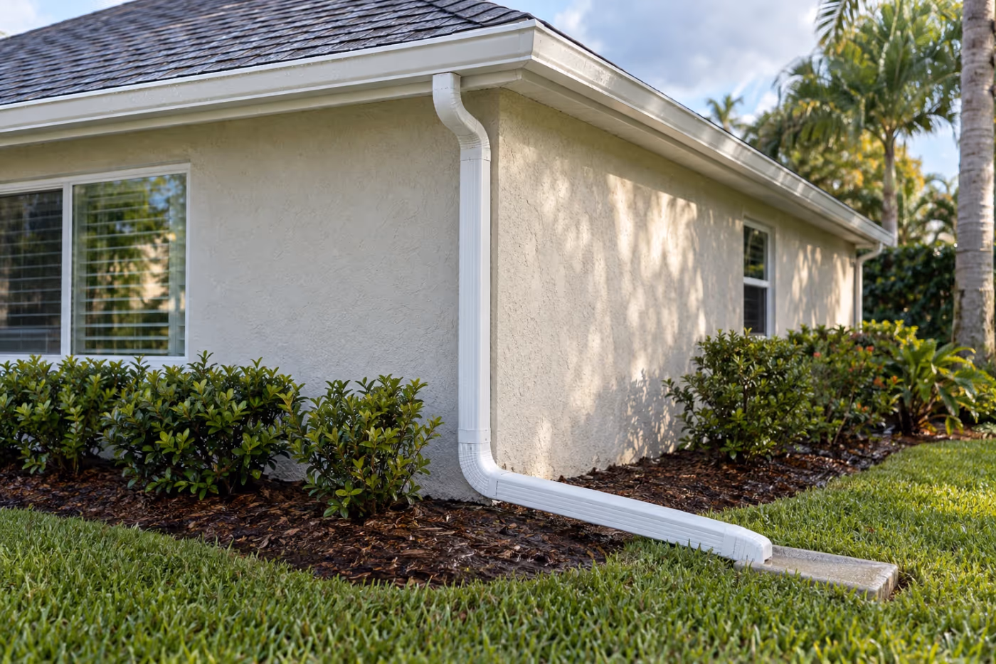 A white aluminum downspout running down the corner of a Florida stucco house into a bottom elbow and an extension that carries water out onto a concrete splash block in the damp lawn