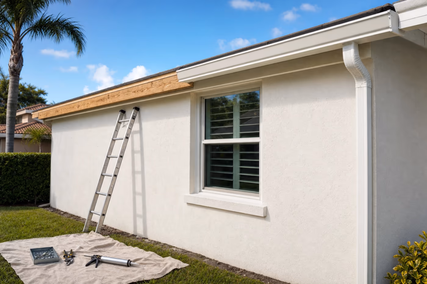 Mid-repair gutter work on a Florida home: exposed fascia beside a newly hung gutter run with ladder and tools staged on a drop cloth