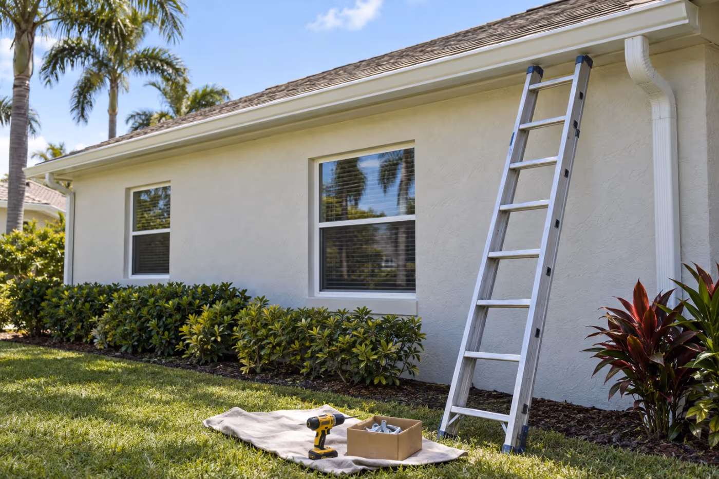 A straight white gutter running level along the fascia of a single story Florida stucco house, an extension ladder leaning against the wall and a drill with a box of gutter hangers on a drop cloth in the grass