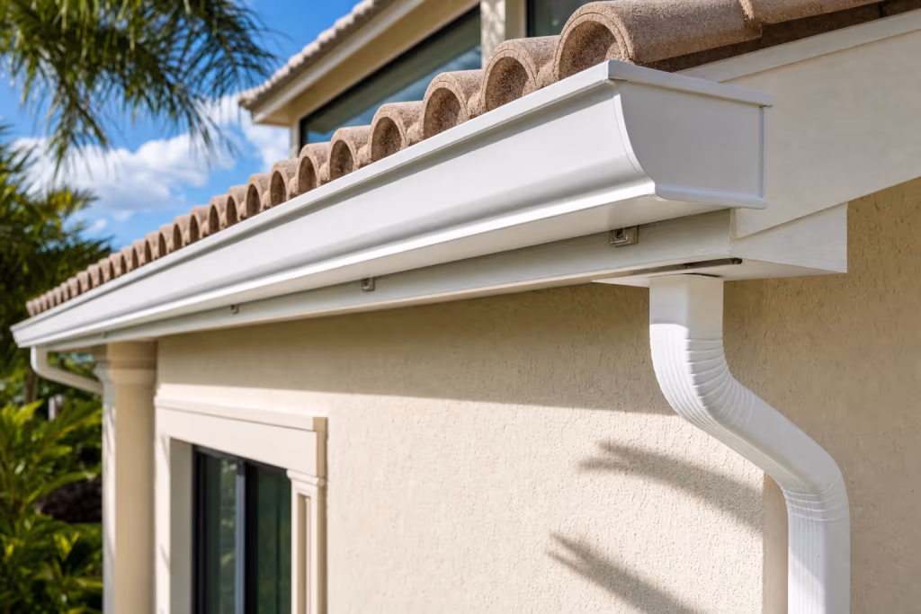 Close view of freshly repaired white aluminum gutters and downspout on a Florida home, seams sealed and the run hanging true to the fascia