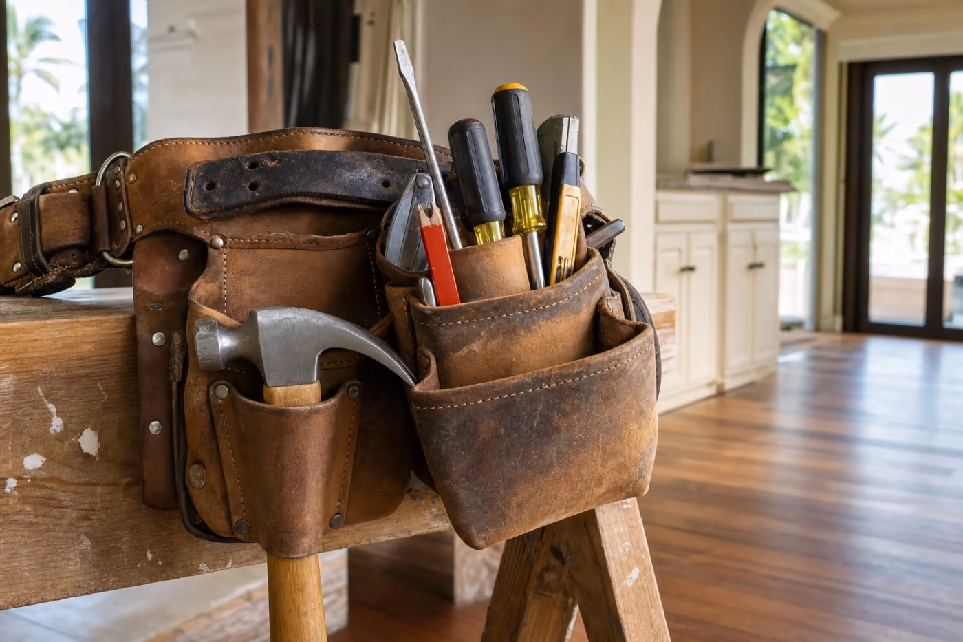 Well-worn leather handyman tool belt with hammer, tape measure, and screwdrivers resting on a sawhorse in a bright Florida home