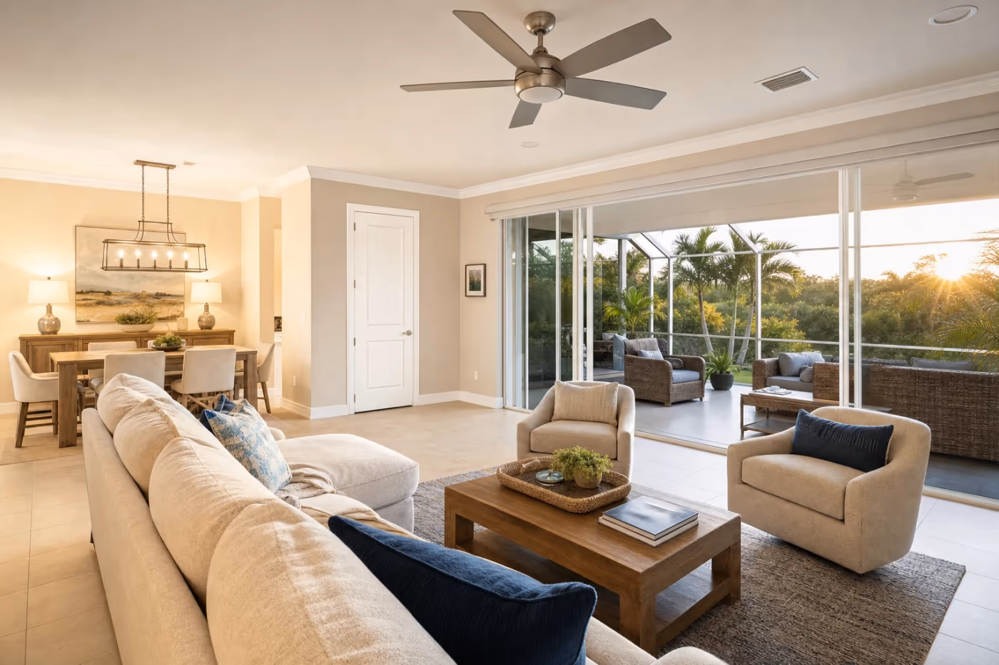 Wide cinematic view of a bright finished Florida living and dining space showcasing complete home repairs with perfect walls, trim, and fixtures