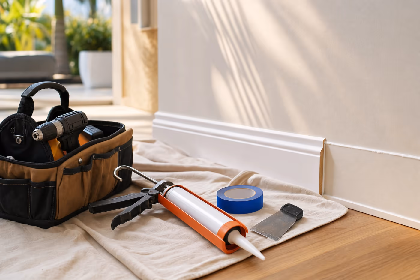 Everyday home-repair tools staged beside baseboard trim on a drop cloth in a Florida home, with caulk gun, tape, putty knife, and cordless drill ready