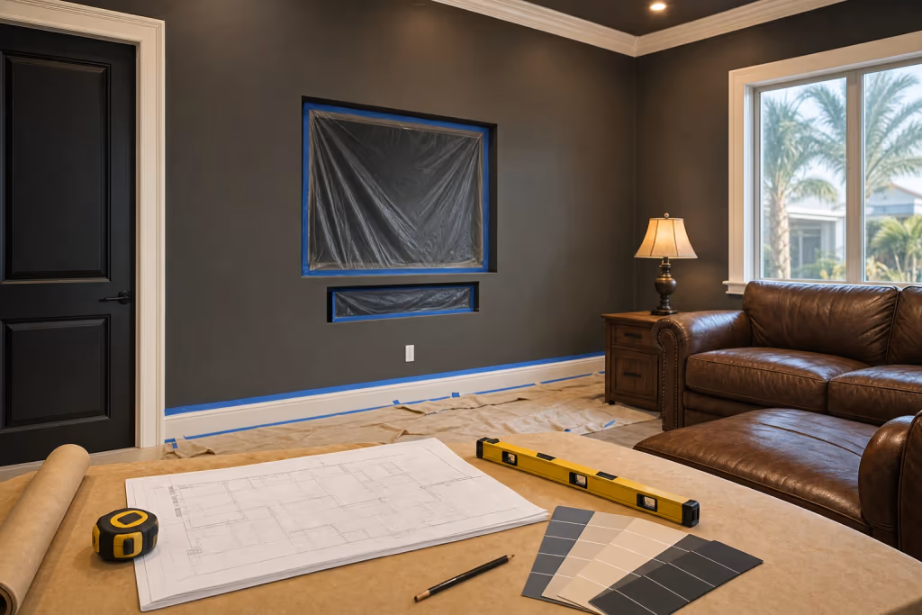 Close editorial view of a finished Florida man-cave den after home repairs, with flawless painted walls, clean trim, and a crisp wall-mounted TV area